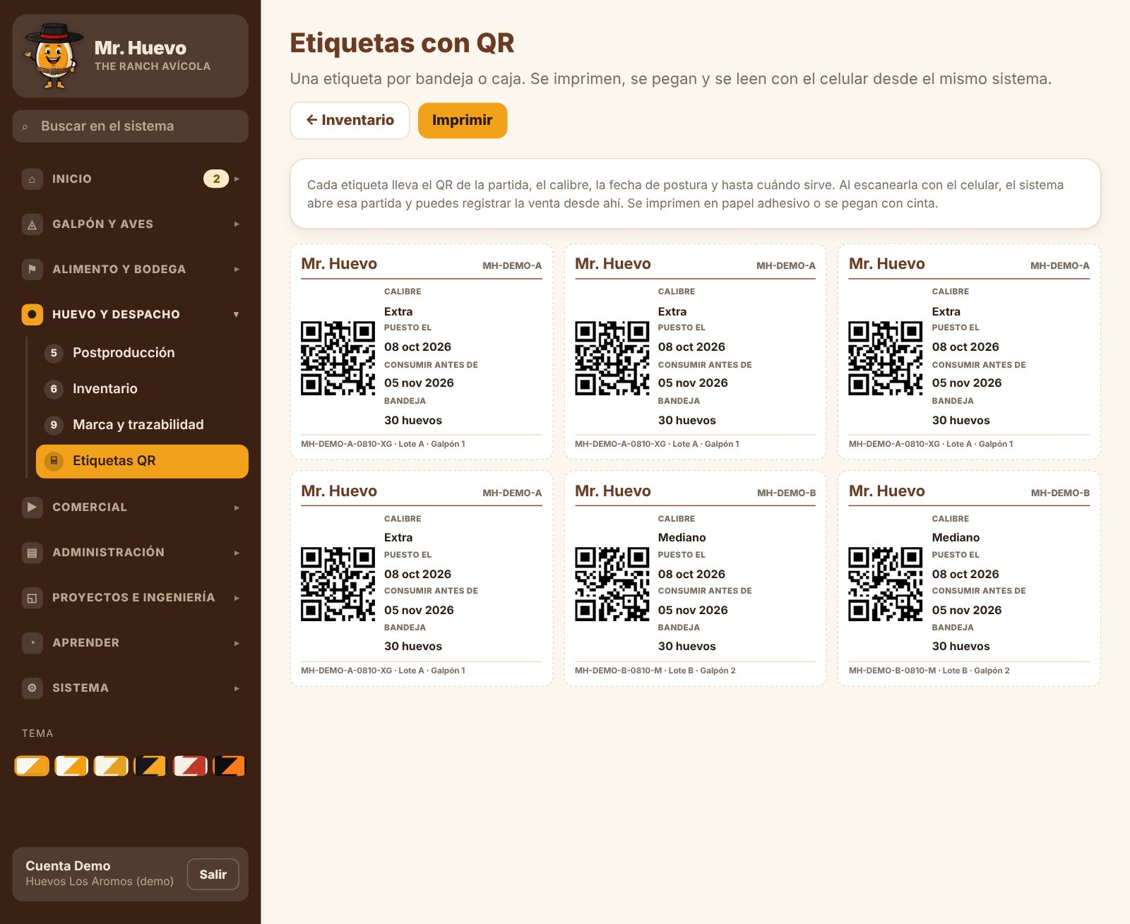 Etiquetas con QR por bandeja, con calibre y fecha de postura